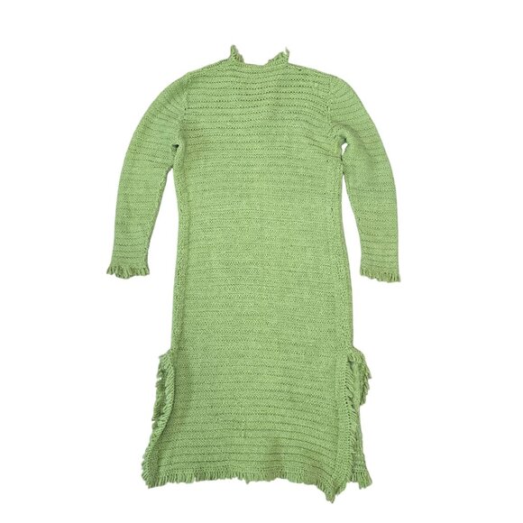 Hand-Knitted Green Fringe Long Dress With Ruffled Collar & Cuffs - Picture 2 of 7
